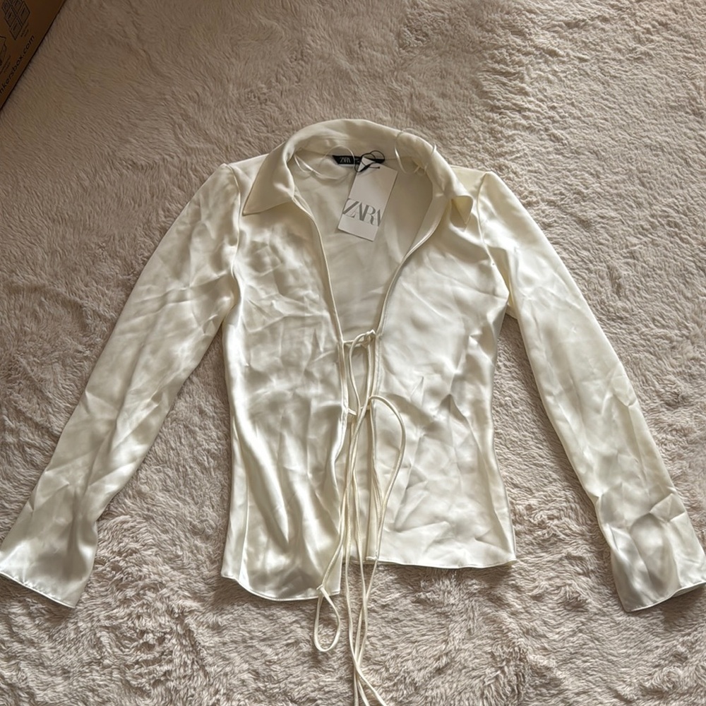 Zara Ivory Satin Tie Blouse